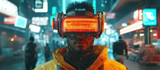 Futuristic man in glowing headset walks through neon city.