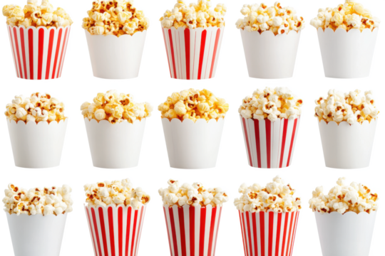 Arrangement of popcorn in white and red striped cups against a white background isolated image