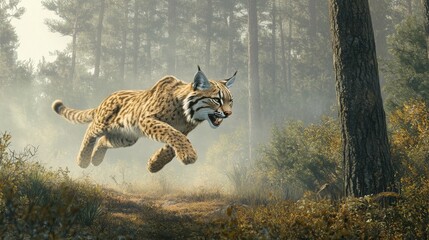 Obraz premium Pouncing lynx in misty forest clearing, showcasing its powerful stride and keen gaze