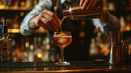 Bartender expertly pouring cocktail ingredients into a glass.