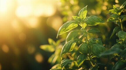 Obraz premium Lush basil leaves bathed in golden sunlight.