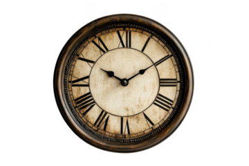 A close up of an antique looking clock with roman numerals and black hands on a black background