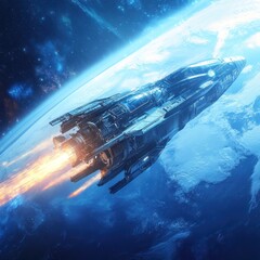 Obraz premium Spaceship launching into space, Earth in background.