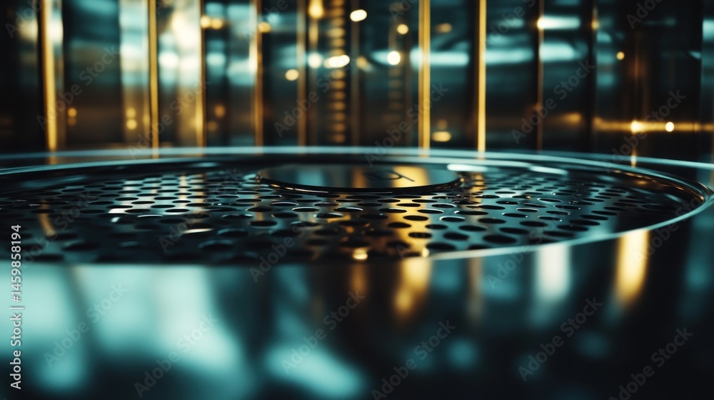 Wall mural dark metallic platform with circular grid and bokeh lights.