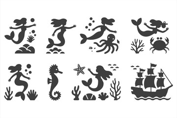 Set of Mermaids, Sea Creatures, and Pirate Ship Illustrations in Silhouette for Fantasy Art