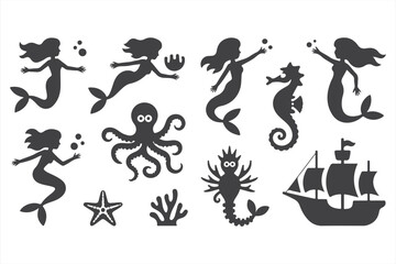 Fantasy Ocean Icons: Mermaids, Sea Creatures, and a Pirate Ship in Silhouette