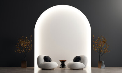 The modern interior living room design and black and white arch pattern wall background and cozy white sofa decoration. 3D rendering.