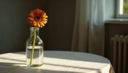 Single orange flower in glass vase on sunlit table