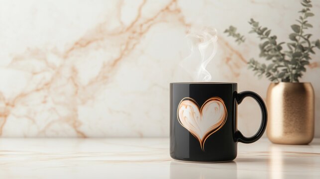 A black mug with a heart design, steaming hot coffee or tea, on a marble surface