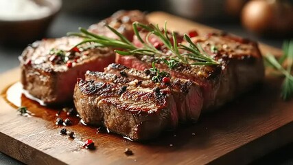 Sizzling Delight: A Close-Up of Perfectly Grilled Steak with Fresh Herbs