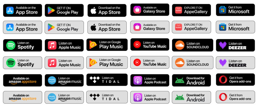Popular music streaming services with listening badges. Download badges set from App Store, Google Play, Microsoft Store, Huawei AppGallery, and Amazon Appstore. Vector illustration.	
