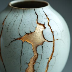 Close Up Of Kintsugi Vase With Gold Repair Detailing High Resolution Images