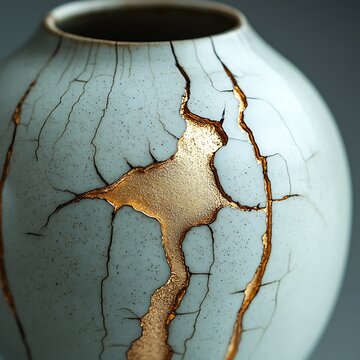 Close Up Of Kintsugi Vase With Gold Repair Detailing High Resolution Images