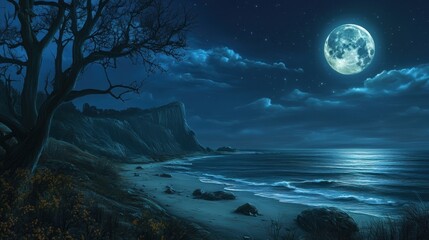 A tranquil beach scene under a full moonlit sky.