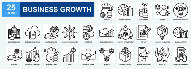 Business Growth icon set collection. Containing design Investment, Goal, Strategic Planning, Report, Product Development