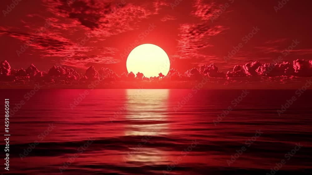 Poster vibrant red sunset over calm ocean with dynamic timelapse clouds, red sunset, sky with timelapse clo
