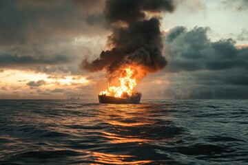A small oil tanker on fire in the middle of the ocean, with a sunset in the background.
