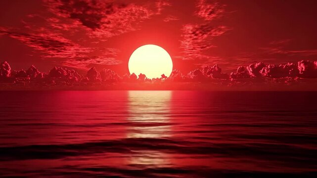 Vibrant red sunset over calm ocean with dynamic timelapse clouds, red sunset, sky with timelapse clouds