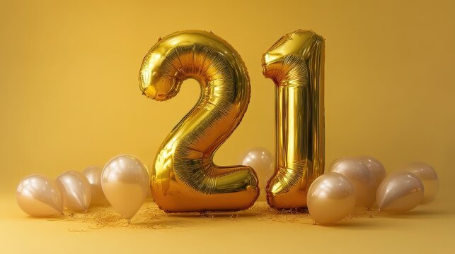 Joyful 21st Celebration with Gleaming Gold Balloons in a Festive Background
