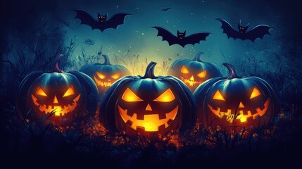 Halloween night scene with glowing jack o lanterns and bats silhouetted against a dark, starry sky, creating a spooky and festive atmosphere. Pumpkins with carved faces.