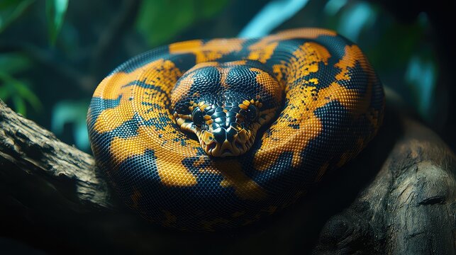 Sumatran Blood Python coiled on branch.