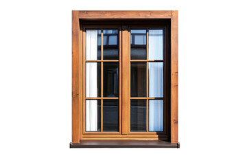 A close up of a wooden framed window with curtains and a dark background on a sunny day outside