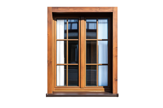 A close up of a wooden framed window with curtains and a dark background on a sunny day outside