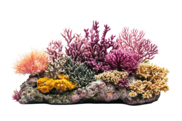 A vibrant assortment of coral formations on a rock base against a black background display aquarium