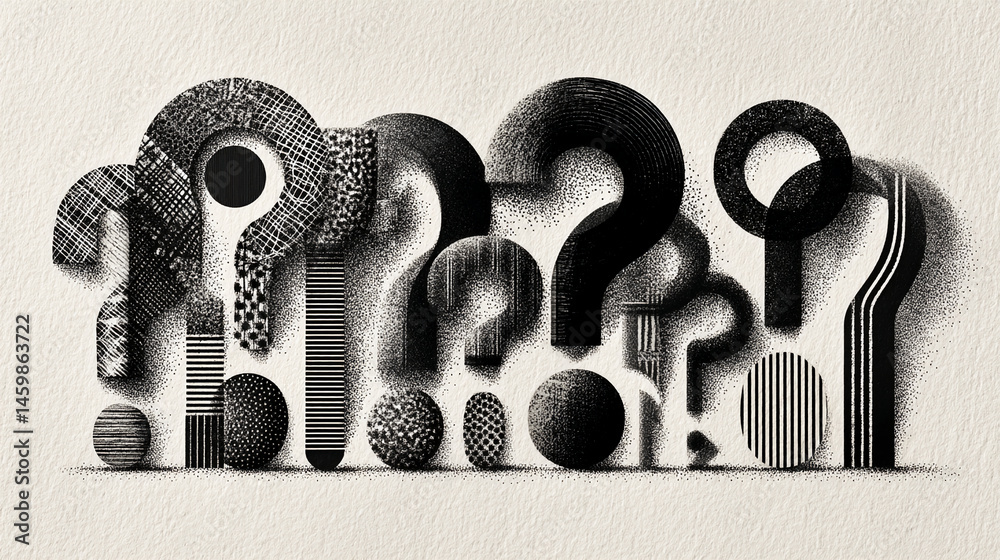 Poster Abstract black and white illustration of question marks formed from various textured patterns, creating a visually intriguing and thought-provoking design, symbolizing inquiry and uncertainty