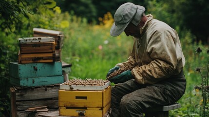 Elderly beekeeper examines honeycombs in a rural setting.