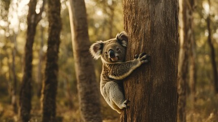 Koala clinging to eucalyptus tree trunk in forest.