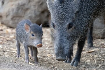 Adorable Collared Peccary Family: Baby Peccaries Taking Their First Steps with Proud Mother in a Farm Setting