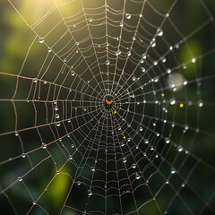 Obraz premium A delicate spider web covered in dew drops glistens in soft morning or evening light. The intricate details and bokeh background create a mystical atmosphere.