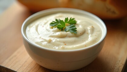 Horseradish sauce in white bowl with green parsley leaf on top. Creamy condiment, spice ingredient for epicure meal with bread. Healthy organic vegetable snack.