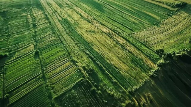 Aerial perspective of an agricultural field during wartime conflict in a rural landscape, An aerial view over an agricultural field in a war-torn country full of unexploded land mines