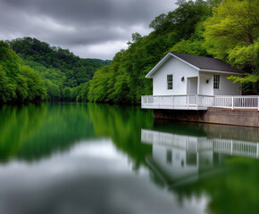 Fototapeta premium Serene lake house reflecting on calm water surrounded by lush green trees