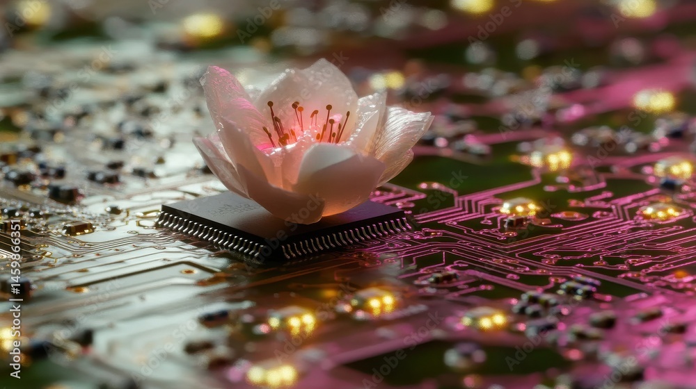 Poster close up of a computer chip on a circuit board ideal for technology and electronics concepts