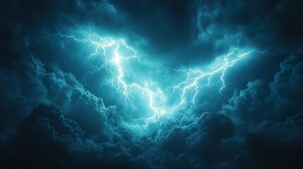 Electric lightning storm in the night cloudy sky.