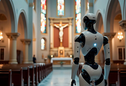 Humanoid robot in a church facing altar with crucifix &ndash; concept of AI, faith, and future spirituality
