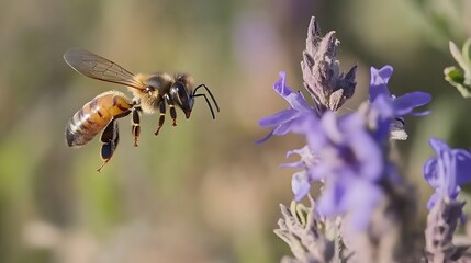 Fototapeta premium Honeybee in Flight Approaching Lavender Flower