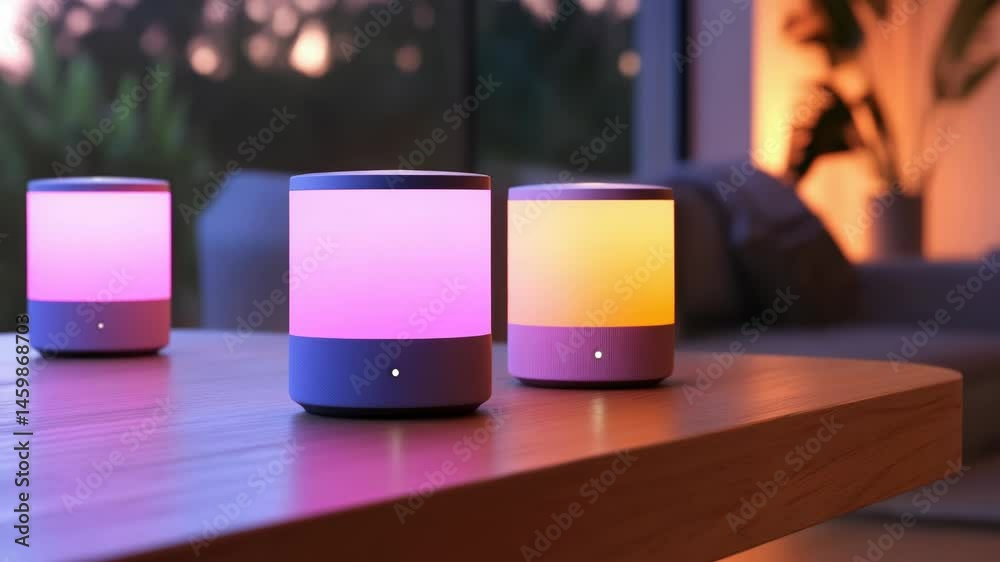 Poster three smart speakers placed on a wooden table, ready to assist with various tasks