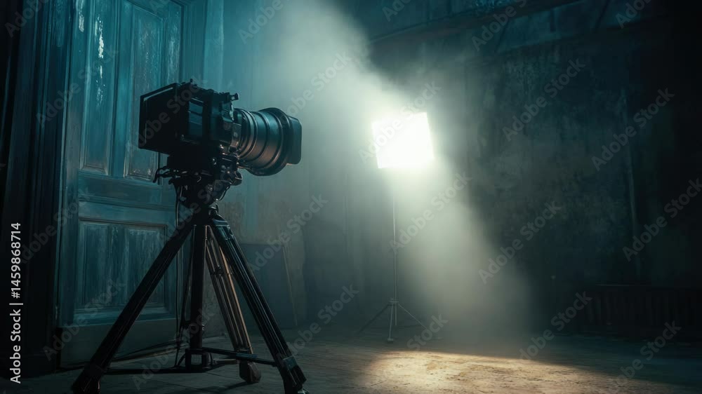 Aufkleber camera on a tripod in a dark room with minimal lighting