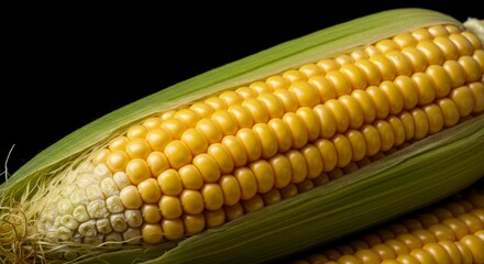 Golden yellow corn on the cob still in its husk, a vibrant agricultural bounty