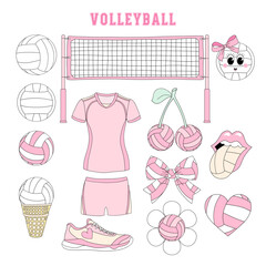 Pink Girlie Volleyball team equipment vector clip-art set isolated on white. Girl Sports Game Season Mom hand drawn illustrations