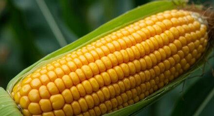 Golden ear of corn detail with vibrant yellow kernels and green husk