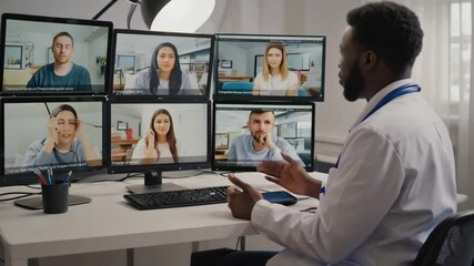 A doctor conducts telehealth patient private, digital consultation room. virtual support group members join video call, experiences, emotional support, advice gender transition. community