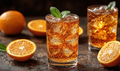 Refreshing iced orange beverage in glasses with ice cubes and orange slices