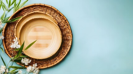 Elegant Bamboo Bowls Nested Wicker Trays Pastel Background