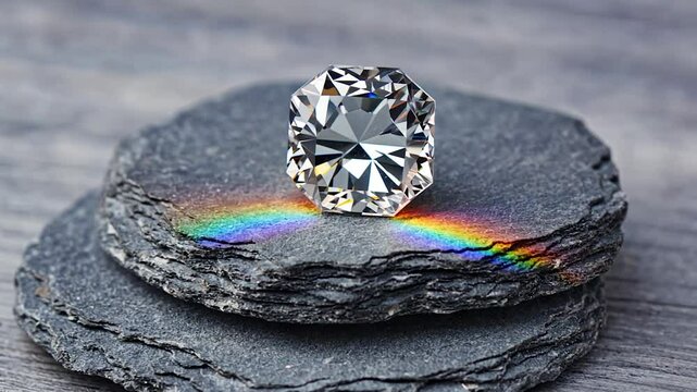 Sparkling diamond on slate rocks; showcasing brilliance; use for jewelry, gemmology