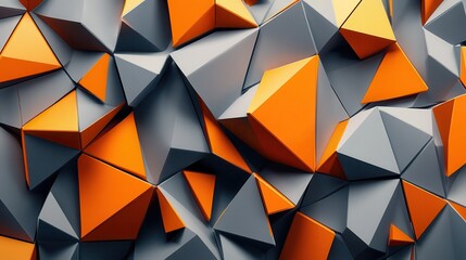 An abstract geometric pattern featuring a three-dimensional arrangement of orange and gray triangular shapes with sharp textures and shadows